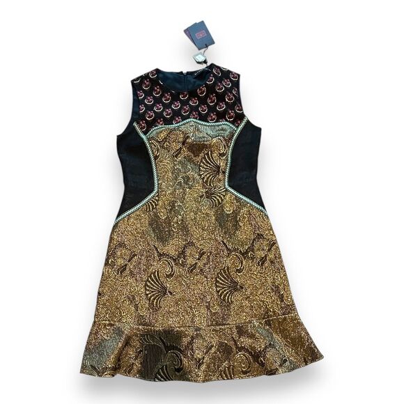 ETRO Jasper Gold Textured A-Line Dress US 6 IT 42 Sleeveless Paisley High Neck - Picture 9 of 9